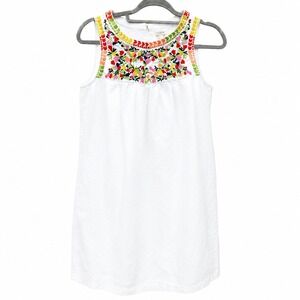 J Crew Womens Size 0 Dress White Floral Embroidered Linen Cotton Boho Beachy